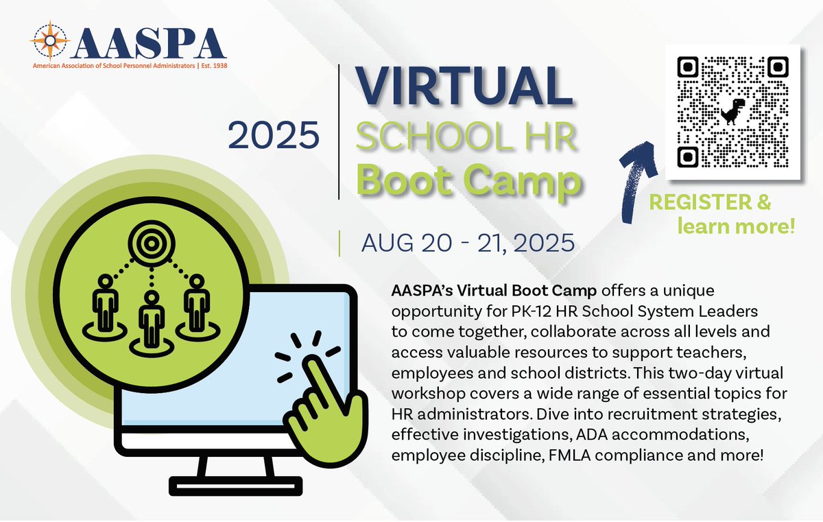 _AASPA_'s tweet image. Are you new to the field of PK-12 HR? Join us for the AASPA Virtual School HR Boot Camp on August 20-21! Gain essential skills, connect with top professionals, and advance your career. Secure your spot today! 🔗aaspa.org/events/2025-vi…