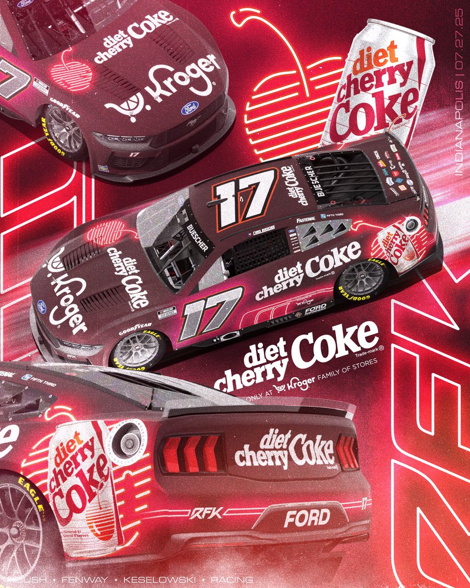 declan_wayman's tweet image. Scheme Preview: Here’s a look at Chris Buescher’s No. 17 Diet Cherry Coca Cola Ford Mustang Dark Horse for @RFKracing for the upcoming NASCAR Cup Series race at Indianapolis Motor Speedway on Sunday. #NASCAR