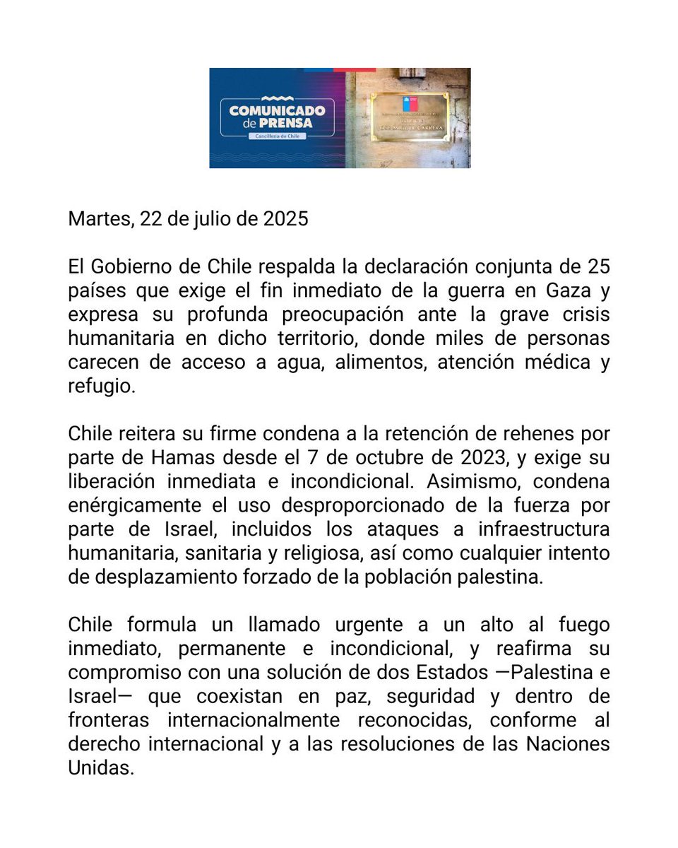El Gobierno de Chile respalda la declaración conjunta de 25 países que exige el fin inmediato de la guerra en Gaza y expresa su profunda preocupación ante la grave crisis humanitaria en dicho territorio, donde miles de personas carecen de acceso a agua, alimentos, atención médica