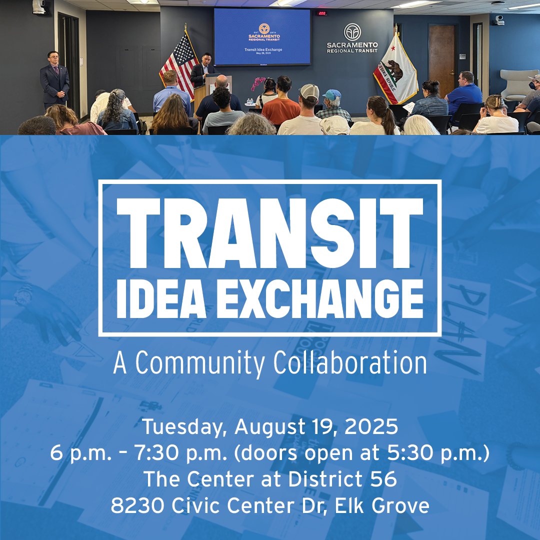RideSacRT's tweet image. 📅 Mark your calendars, Elk Grove!
Join us for the next Transit Idea Exchange Workshop on Tuesday, August 19 at District 56.
🕕 6 p.m. – 7:30 p.m. (doors open at 5:30 p.m.)
📍 8230 Civic Center Drive, Elk Grove
Come share your ideas, ask questions, and help shape the future of…