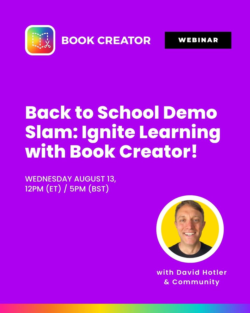 BookCreatorApp's tweet photo. 🔥 It's Slam time!
Join David Hotler & community for a fast-paced Demo Slam full of Book Creator tips to kick off your year.
🗓️ Aug 13 | 12PM ET / 5PM BST
🔗 https://t.co/DuO7FjZyK4
#BookCreator #DemoSlam #EdTech https://t.co/ACA6X2XxXy