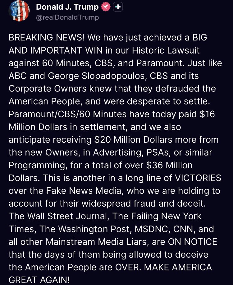 S2FUncensored's tweet image. ⚡️BREAKING:
Trump announces "big and important" $36 million lawsuit victory against CBS, Paramount, and 60 Minutes.