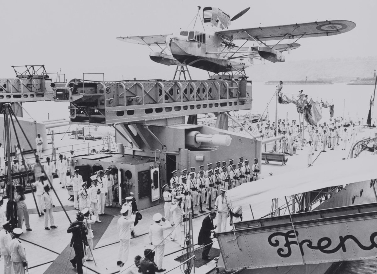 DramaWarship's tweet image. Date: Mid-July 1939. Location: New York City, NY, USA. Event: Light cruiser Georges Leygues of the French Navy's 4th Cruiser Division is representing France at the New York's World Fair. Note a Loire 130 reconnaissance flying boat on a telescopic catapult. Current status:…