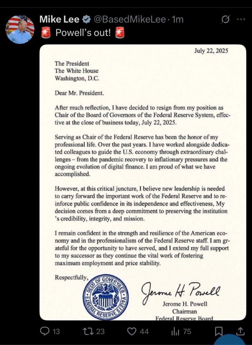 hissgoescobra's tweet image. Mike Lee is an idiot. He just fell for this fake letter of Jerome Powell resigning.