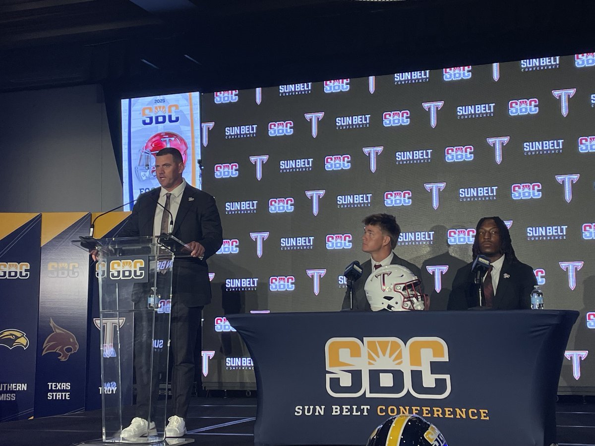 CregStephenson's tweet image. Troy football coach Gerad Parker, QB Goose Crowder & DB/LB Devin Lafayette on the stage now at Sun Belt Media Days.