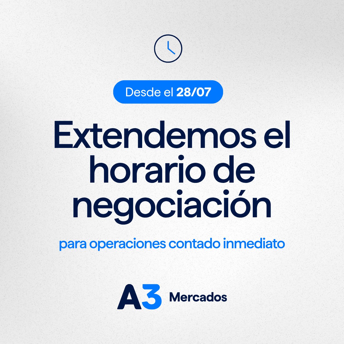 📢 Extendemos nuestro horario de negociación

🕔 A partir del lunes 28 de julio, ampliamos el cierre de operaciones para los segmentos Bilateral y Garantizado (PPT), Registro de Operaciones y Cauciones hasta las 17:00 hs.
Además, las ruedas bilaterales BON1 y LETE estarán