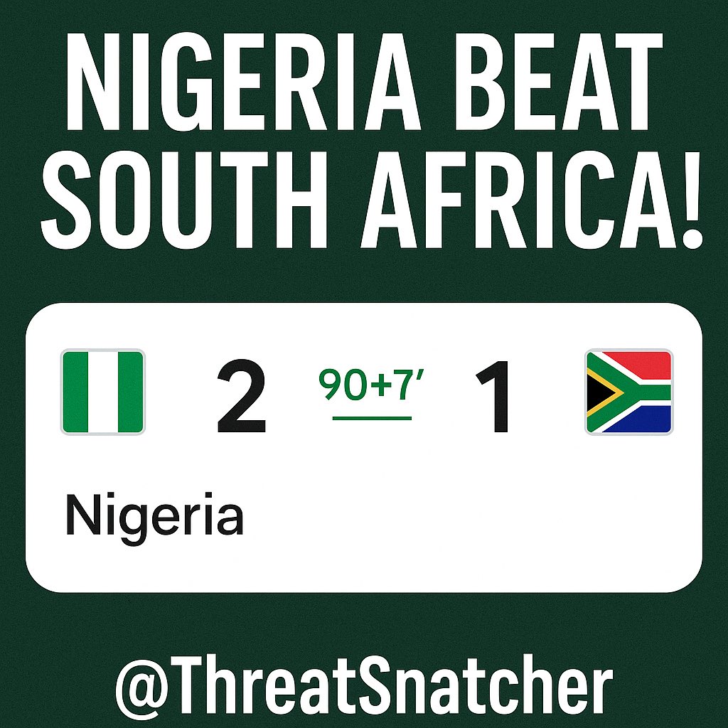 ThreadSnatcher (@threadsnatcher) on Twitter photo <a href="/ThreadSnatcher/">ThreadSnatcher</a>
FULL-TIME: Nigeria 2-1 South Africa 🇳🇬🆚🇿🇦
This wasn’t just a football match it was warfare, and the Super Falcons came out swinging with blood in their eyes and victory in their veins.
⚽️ Ajibade 45’ (P): Calm. Clinical. Captain’s ice in her veins. She put <a href="/ThreadSnatcher/">ThreadSnatcher</a>
FULL-TIME: Nigeria 2-1 South Africa 🇳🇬🆚🇿🇦
This wasn’t just a football match it was warfare, and the Super Falcons came out swinging with blood in their eyes and victory in their veins.
⚽️ Ajibade 45’ (P): Calm. Clinical. Captain’s ice in her veins. She put