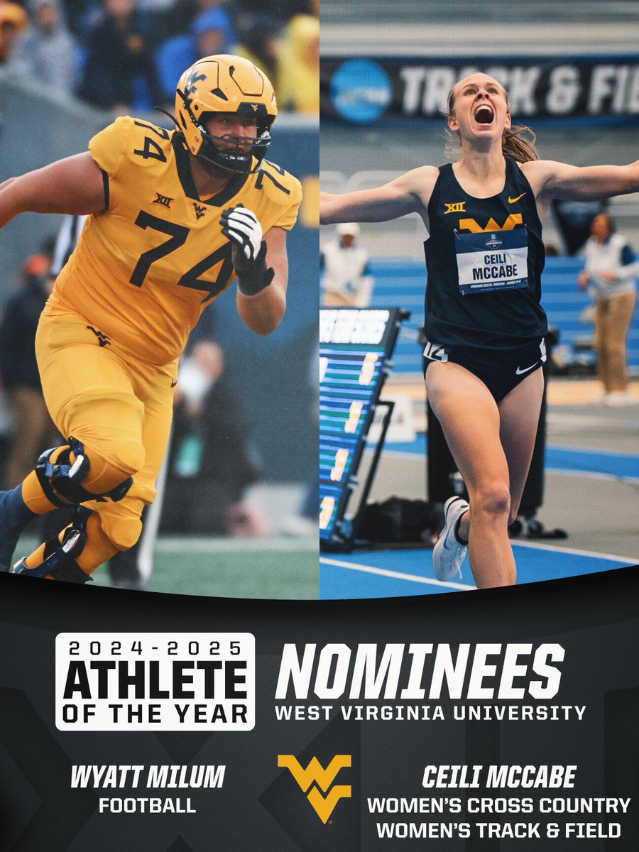 Big12Conference's tweet image. 2024-25 Big 12 Athlete of the Year Nominees: West Virginia University Mountaineers
⭐️ Wyatt Milum | @WVUfootball
⭐️ Ceili McCabe | @WVUXCTF