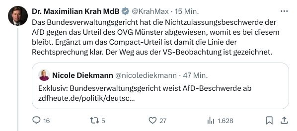 FKeubel's tweet image. "Der Weg aus der VS-Beobachtung ist gezeichnet" 🤡.
Ex-CDUler redet CDU-Sachen und glaubt plötzlich an die Neutralität und Fairness der Institutionen 🤡.
Nein Max, die in der westlichen Welt einmalige Bespitzelung der Opposition durch die Stasi ist nicht durch irgendwas…