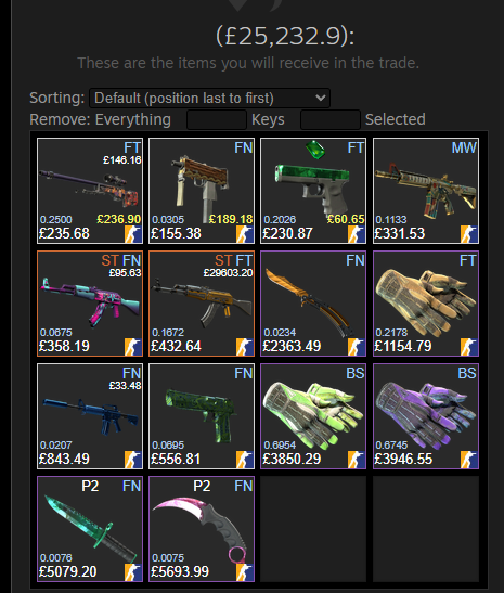 CorbZcs's tweet image. Still cashing out entire loadouts as normal!✅
And no the AK doesn't have £30k worth of sticks that's just 4 gold stickers that sell once every 2 years lol
Still a suprisingly very nice craft if you ask me though🤷♂️