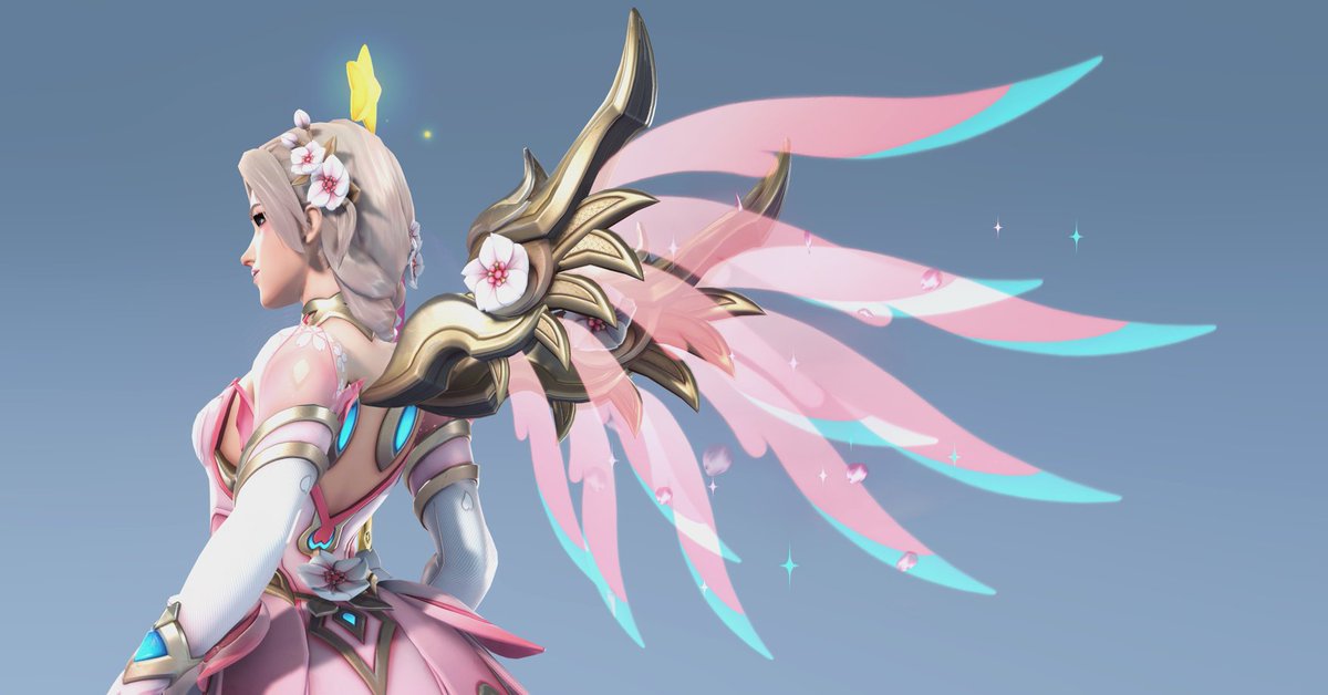 Sakura Mercy's wings drop little cherry blossoms and sparkles 🩷🌸