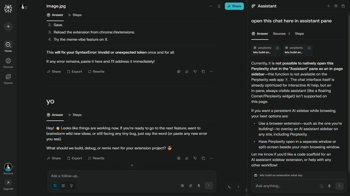 Jain_Banda's tweet image. Feature request for @PerplexityComet
@AravSrinivas can we have this feature?
ask is: we should be able to open the old chats with assistant again in the assistant pane on the right to continue with the work without switching tabs.