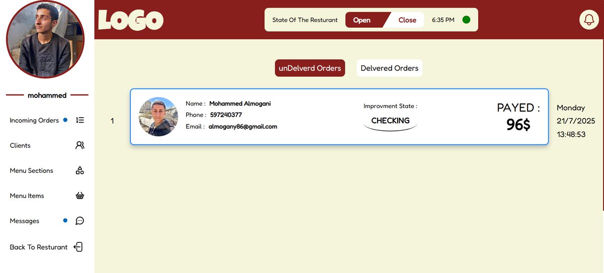 mohamughanni's tweet image. Just finished a customizable restaurant website with client & admin panels — perfect for any type of restaurant. Live demo: myresturantmtma.netlify.app (DM if interested, photos below!)