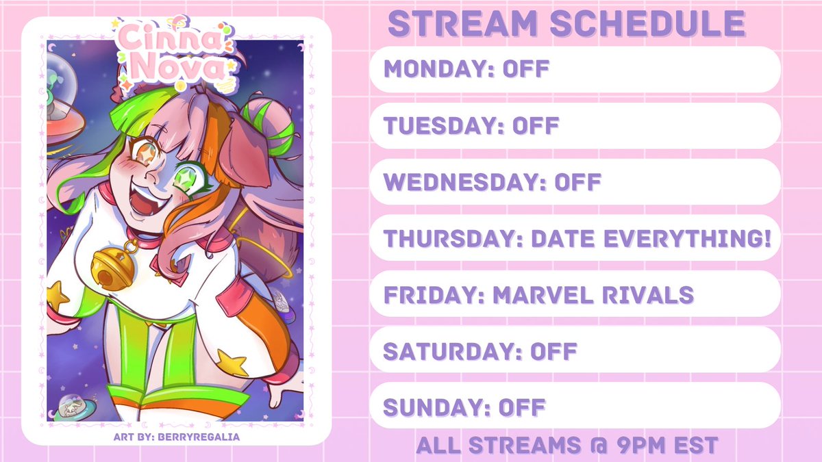 CinnaNova_VT's tweet image. I’m a day late but here is this weeks stream schedule!! 

Links:

💫 Twitch: twitch.tv/cinnanova_vt

💫TikTok: tiktok.com/@cinnanova_vt?…

💫 Community Discord: discord.gg/DREzrJNW