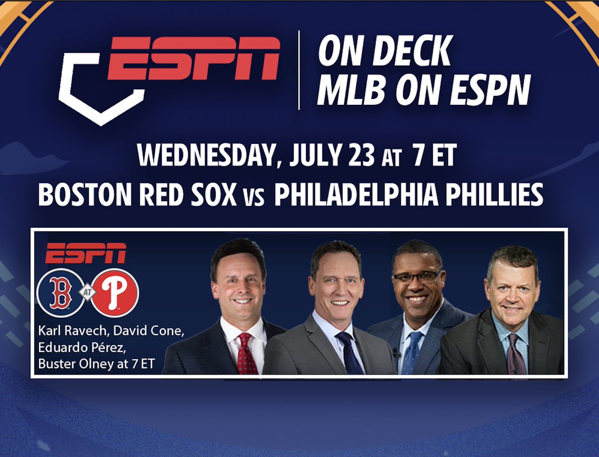 ESPNPR's tweet image. Wednesday, ESPN continues its coverage of the '25 #MLB season as the @RedSox visit the @Phillies
⚾️ 7p ET | ESPN
🎙️@karlravechespn, @dcone36, @PerezEd, @Buster_ESPN