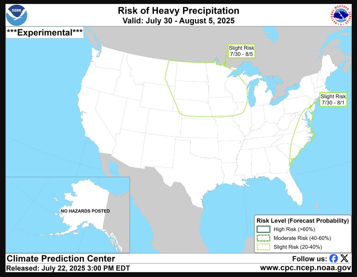 FarmPolicy's tweet image. Map of the risk of heavy #precipitation in the United States, between July 30 and August 5: