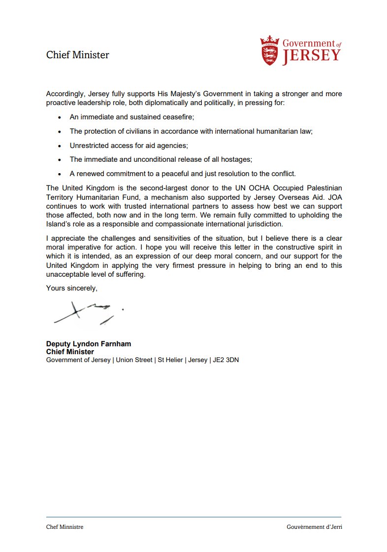 Jersey Chief Minister (@jerseychiefmin) on Twitter photo Today I wrote to Foreign Secretary David Lammy MP to express Jersey’s deep concern over the humanitarian crisis in Gaza.
Jersey stands for peace, accountability, and the urgent protection of civilians - wherever they are, and whoever they are. Today I wrote to Foreign Secretary David Lammy MP to express Jersey’s deep concern over the humanitarian crisis in Gaza.
Jersey stands for peace, accountability, and the urgent protection of civilians - wherever they are, and whoever they are.
