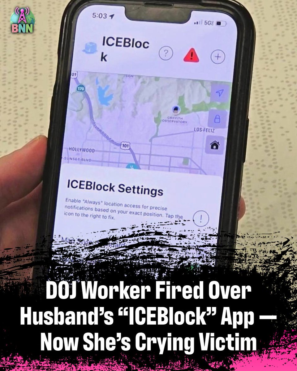 BNNetwork634's tweet image. DOJ Worker Fired Over Husband’s “ICEBlock” App — Now She’s Crying Victim 📱🐊
Carolyn Feinstein, a forensic accountant for the DOJ in Austin, is whining that she was “unfairly fired” — because her husband, Joshua Aaron, built an app literally called ICEBlock to warn illegal…