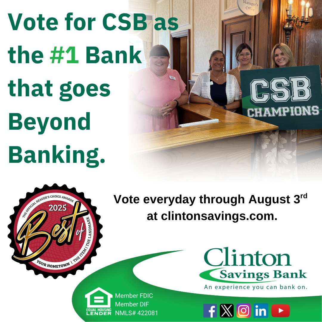 You can vote once a day! Click here to VOTE CSB as the #1 Hometown Bank! 💚 bit.ly/3HD7kjL 

#BestBank #VoteNow #CSBLovesOurCommunity