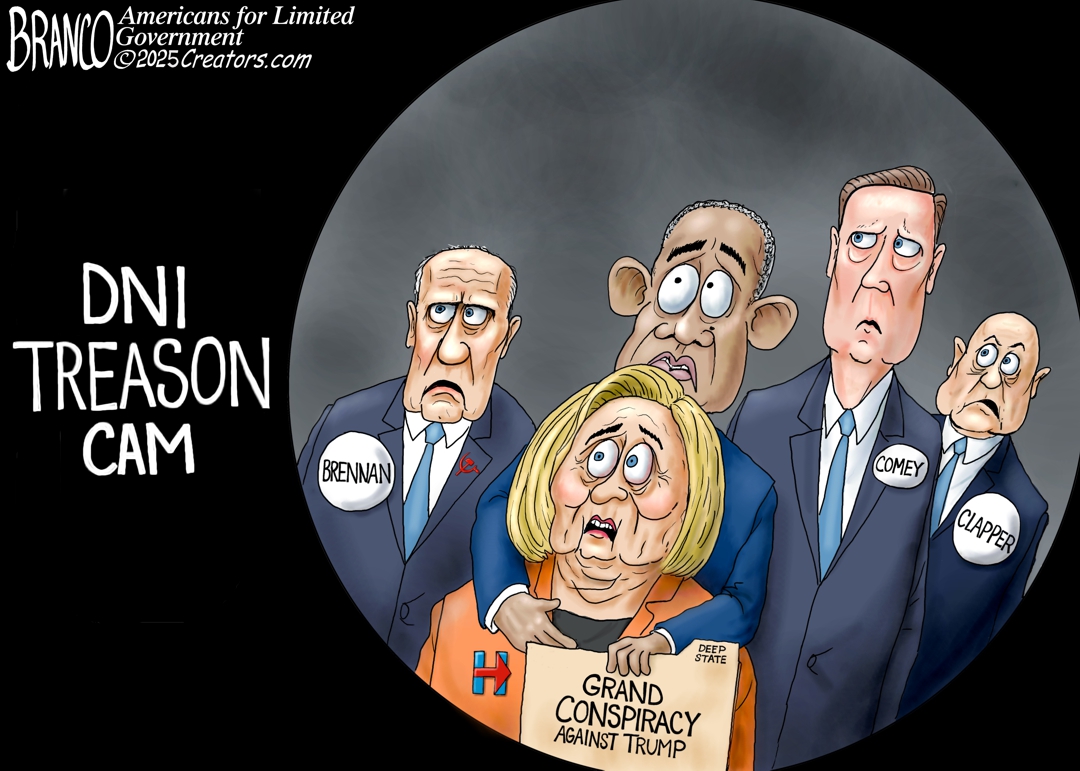 afbranco's tweet image. A.F. Branco Cartoon – DNI Director Tulsi Gabbard has released Poof, Obama, Brennan, Hillary, Comey, and Clapper committed Treason. comicallyincorrect.com