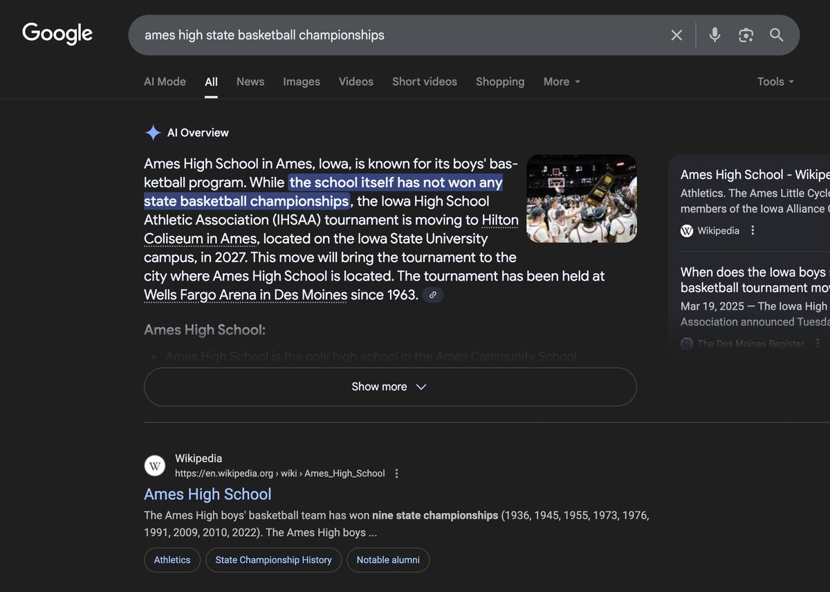 a_mendelson's tweet image. This might be the most offensive AI hallucination I've seen yet (see Wiki summary just below). Please apologize @Google