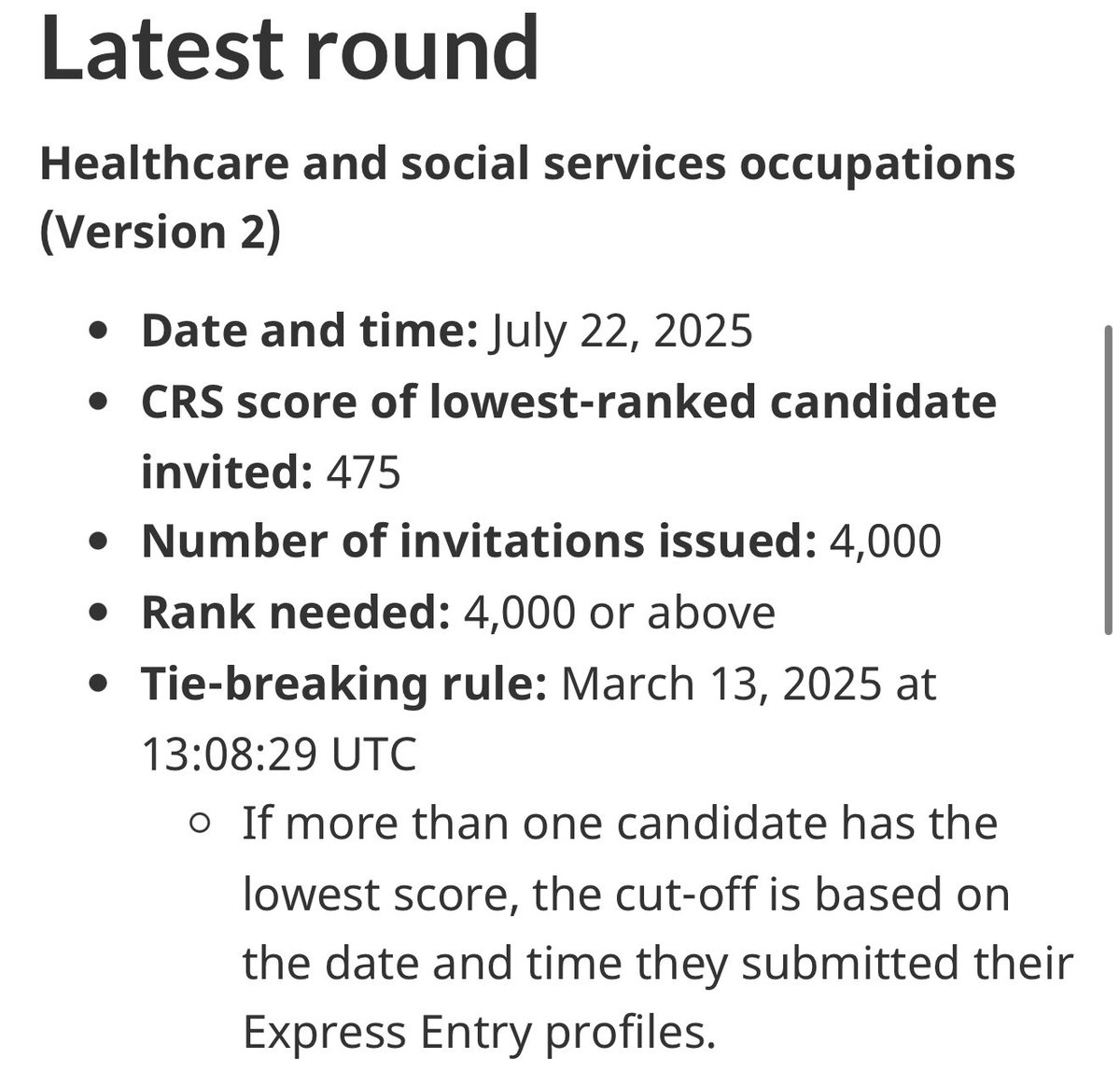 MannyLidher's tweet image. 🚨 Express Entry Draw – July 22, 2025
🎯 Category: Healthcare and Social Services (v2)
📊 CRS Cut-off: 475
📩 Invitations Issued: 4,000
📅 Tie-breaker: March 13, 2025 @ 13:08 UTC

#ExpressEntry #ExpressEntryDraw #cdnimm #CanadaVisa