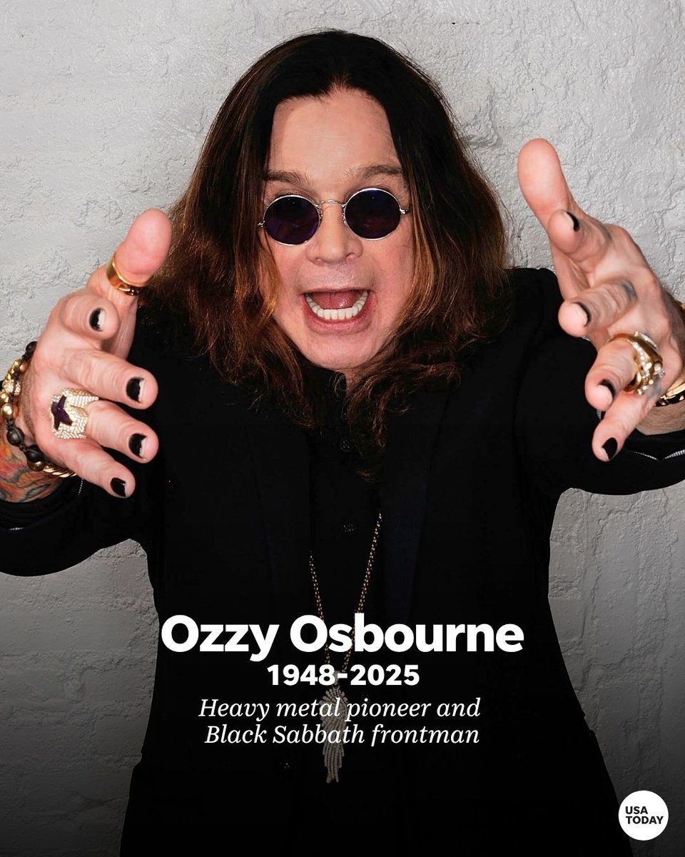 USATODAY's tweet photo. From the iconic "All Aboard!" opening of "Crazy Train" to his oft-meme'd "Sharon!" Ozzy Osbourne had one of the most recognizable screams in modern history.

The Grammy winning Prince of Darkness and legendary rocker has died just weeks after reuniting with Black Sabbath for a final show in England. He was 76.

Read more: https://t.co/E4rKNDp8dK