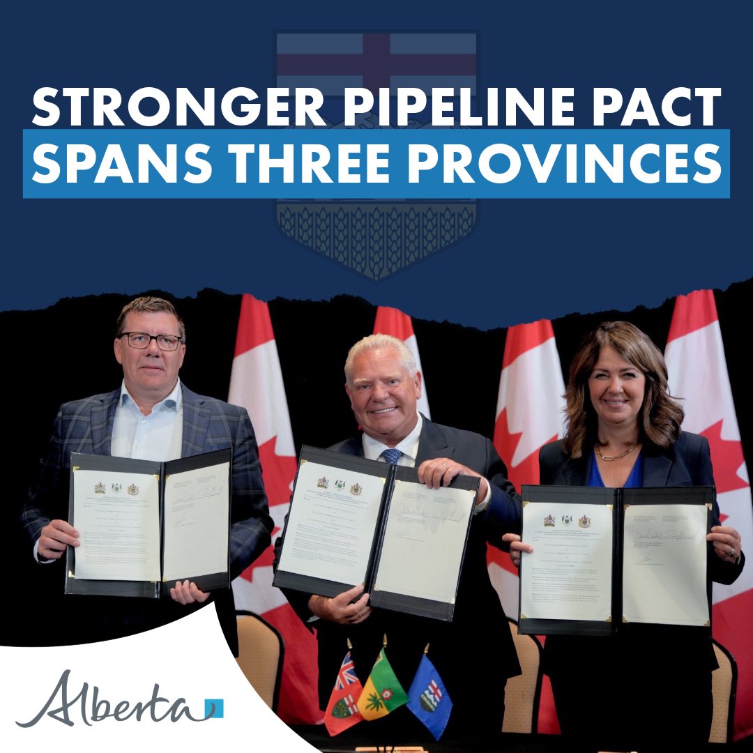 ABDanielleSmith's tweet image. Canada’s common sense coalition to expand pipeline access just got stronger!
Ontario Premier Doug Ford and I are proud to welcome Saskatchewan Premier Scott Moe as the newest signatory to our growing alliance. Together, we’re standing up for pipeline access across provinces to…
