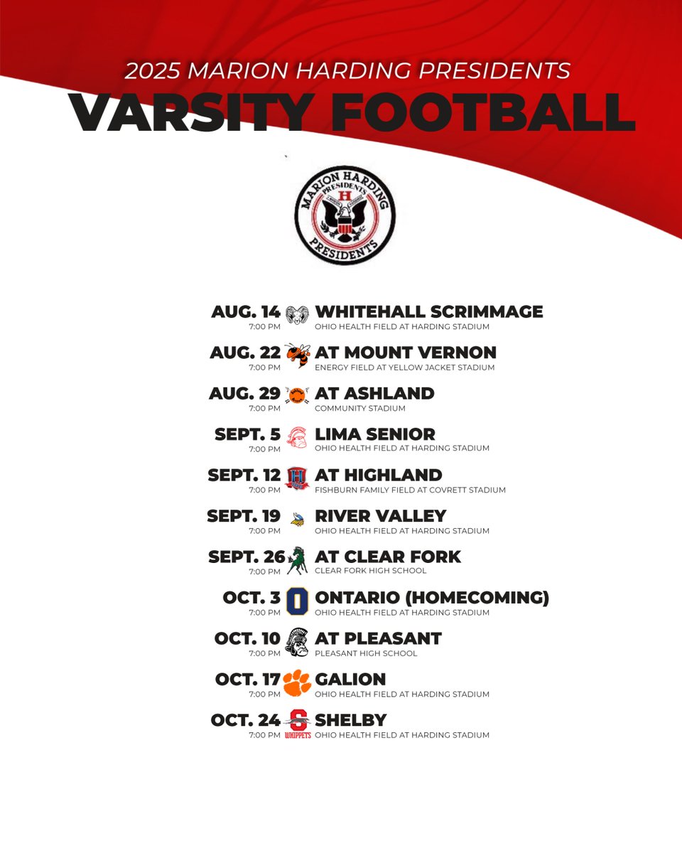 Harding Presidents (@hardingprexies) on Twitter photo 🏈 The Marion Harding 2025 Varsity Football Schedule!
If you are interested in Reserve Seats, be sure to contact the Harding High School Athletic Office at 740-223-4635!
Go Presidents!
<a href="/MCSPresidents/">Marion City Schools</a>
<a href="/SuptMurphyMCS/">Brian Murphy</a> 🏈 The Marion Harding 2025 Varsity Football Schedule!
If you are interested in Reserve Seats, be sure to contact the Harding High School Athletic Office at 740-223-4635!
Go Presidents!
<a href="/MCSPresidents/">Marion City Schools</a>
<a href="/SuptMurphyMCS/">Brian Murphy</a>