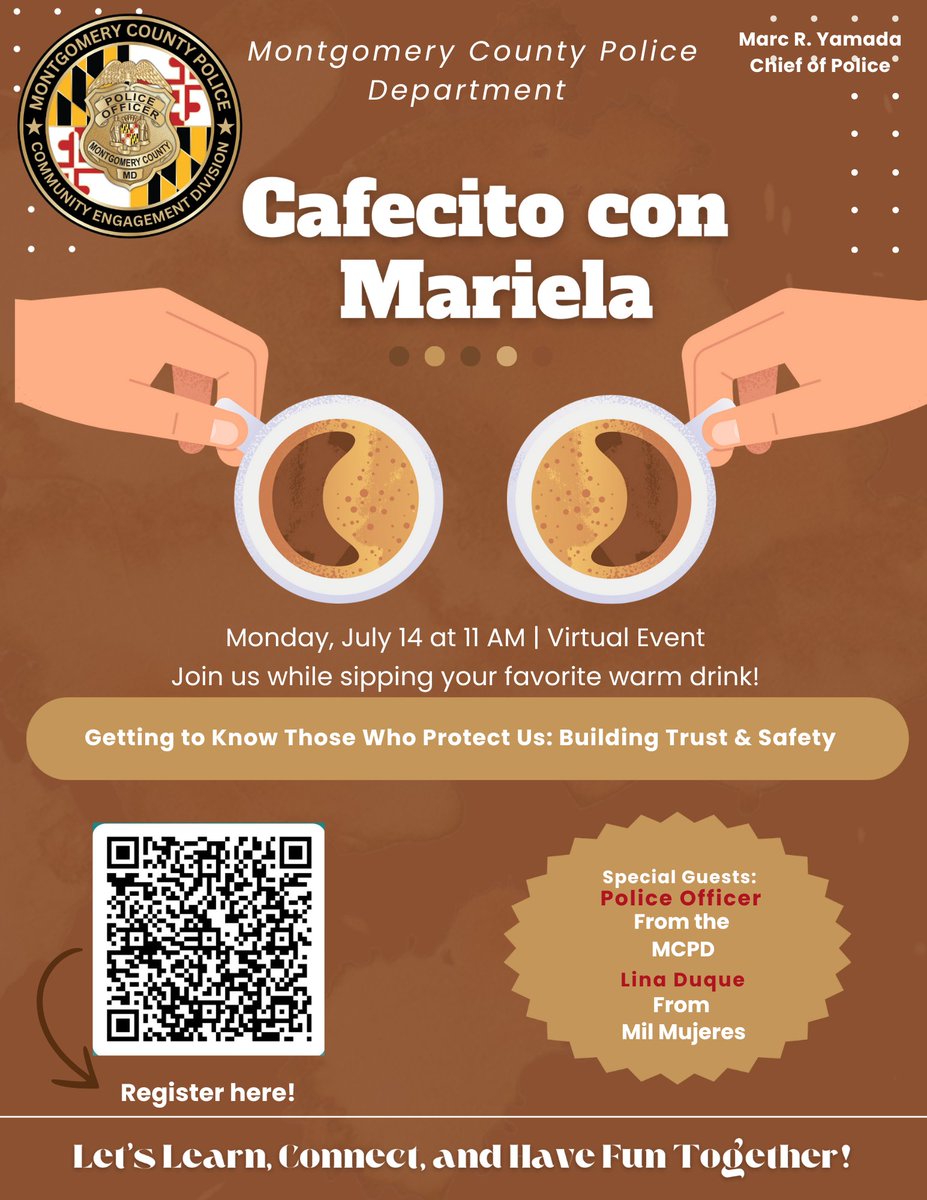 mcpnews's tweet image. Join us for the next Cafecito Con Mariela!
We’ll show you how to identify MCPD officers and answer your questions live.
Featuring special guest Lina Duque!
📅 Monday, August 11
🕚 11 a.m.
💻 Virtual – Register: forms.office.com/g/5DbNAnby7g
#MCPNews #MCPD #CafecitoConMariela