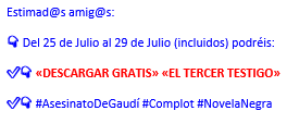 Juanjo Soriano Lluch (@juanjosorilluch) on Twitter photo «SERÍA UN HONOR PARA MÍ QUE LA DESCARGARAIS»
#Escritores <a href="/pilarescritora/">Pilar González Álvarez</a> <a href="/SandraEstevezC/">Sandra Estévez</a> <a href="/MaldonadoMerche/">MERCHE MALDONADO</a> <a href="/EricJLagarrigue/">Eric Lagarrigue</a> <a href="/ConchiAragonP/">Conchi Aragón</a> <a href="/zaidacastillo51/">Zaida Castillo</a> <a href="/AndresFornells/">Andrés Fornells</a> @romemoria <a href="/AOrozcoGuerrero/">Antonio Orozco Guerrero</a> <a href="/BlancaMiosi/">Blanca Miosi</a> <a href="/UdLaney/">Ulises de Laney</a> <a href="/CeliaVelasco1/">Celia Velasco-Saori</a> <a href="/DZaplana/">David Zaplana</a> <a href="/rayoguzmanc/">Rayo Guzmán 🇲🇽 🇫🇷</a> <a href="/COZDENE/">Carlos Ortiz de Zárate</a> «SERÍA UN HONOR PARA MÍ QUE LA DESCARGARAIS»
#Escritores <a href="/pilarescritora/">Pilar González Álvarez</a> <a href="/SandraEstevezC/">Sandra Estévez</a> <a href="/MaldonadoMerche/">MERCHE MALDONADO</a> <a href="/EricJLagarrigue/">Eric Lagarrigue</a> <a href="/ConchiAragonP/">Conchi Aragón</a> <a href="/zaidacastillo51/">Zaida Castillo</a> <a href="/AndresFornells/">Andrés Fornells</a> @romemoria <a href="/AOrozcoGuerrero/">Antonio Orozco Guerrero</a> <a href="/BlancaMiosi/">Blanca Miosi</a> <a href="/UdLaney/">Ulises de Laney</a> <a href="/CeliaVelasco1/">Celia Velasco-Saori</a> <a href="/DZaplana/">David Zaplana</a> <a href="/rayoguzmanc/">Rayo Guzmán 🇲🇽 🇫🇷</a> <a href="/COZDENE/">Carlos Ortiz de Zárate</a>