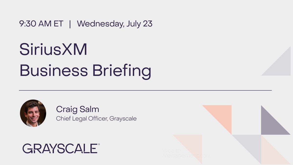 Grayscale's tweet image. 🎙️TOMORROW: Grayscale Chief Legal Officer, @CraigSalm joins @SIRIUSXM for @BizBriefing to discuss recent developments in the #crypto landscape.
Tune in TOMORROW at 9:30 AM ET on @SIRIUSXM