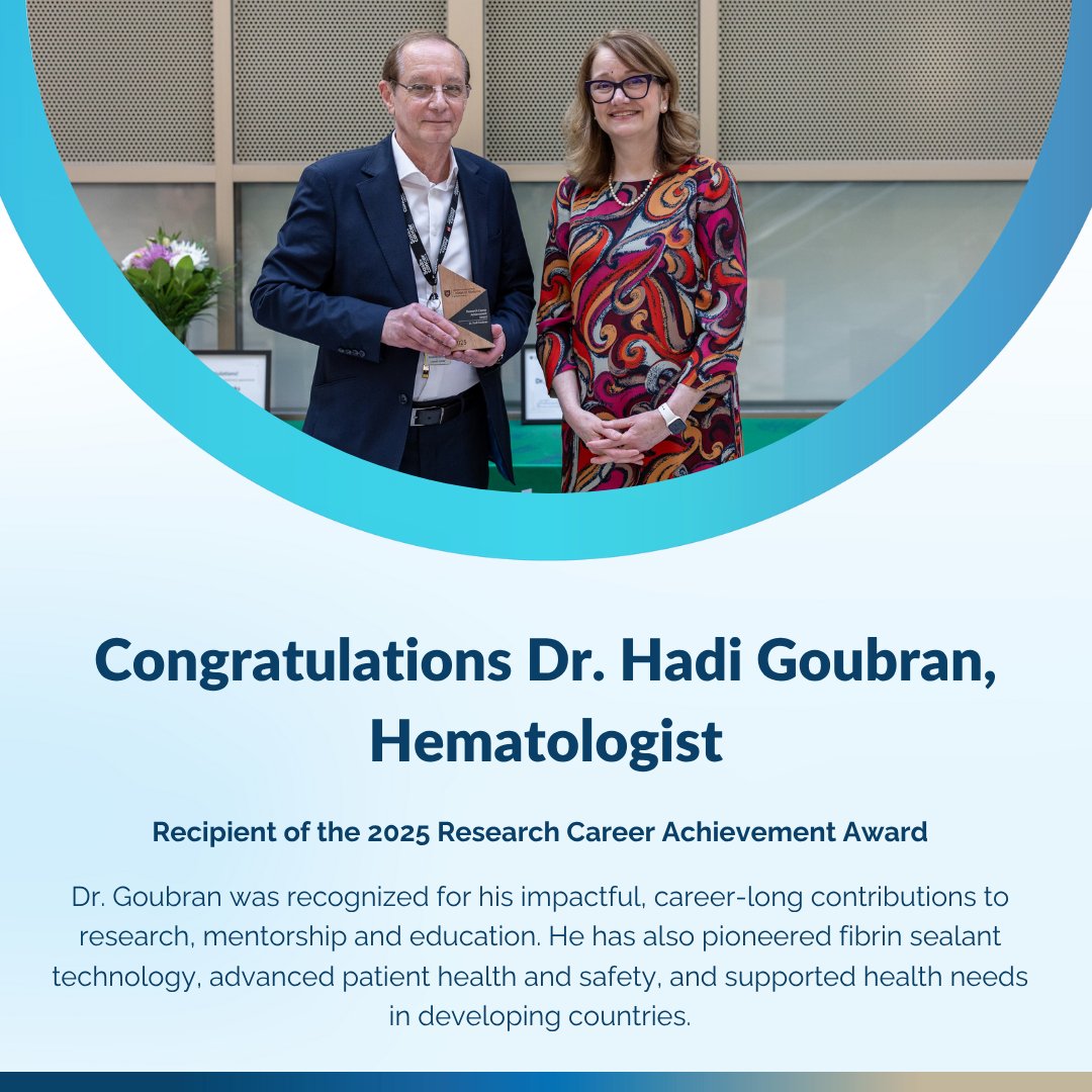 SaskCancer's tweet image. Warmest congratulations to Dr. Goubran on being the 2025 recipient of the Research Career Achievement Award!  Wishing you even more success in the future.
@USaskMed

#Physician #Hematology #Research