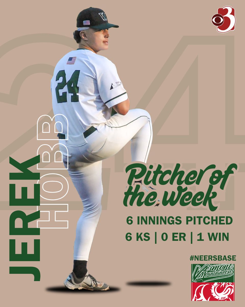 MountaineersVT's tweet image. Our @wcax Pitcher of the Week is @HobbJerek !
Jerek took the mound against North Shore and threw 6 innings, recorded 6 strikeouts, and got the W!
#neersbase⚾️ | @TheNECBL | @GWUBaseball