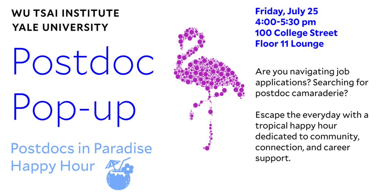 YalePostdocAsso's tweet image. Escape the everyday and join us for a tropical happy hour designed to help you recharge, connect, and build community with fellow Yale postdocs! rsvp: shorturl.at/3YMAH 🍹