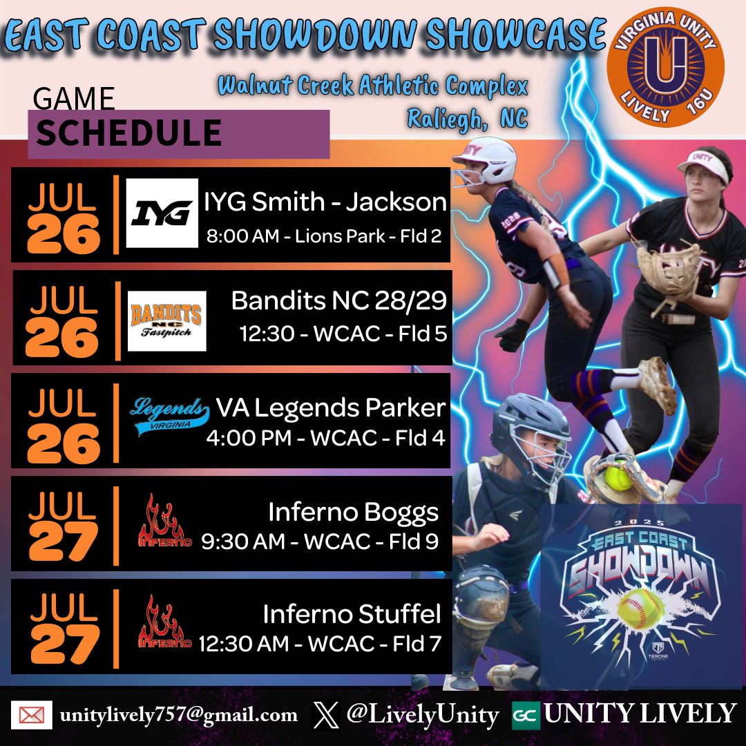 Last tournament of the season!!! Time to show up at the East Coast Showdown Showcase in Raleigh and show out!!! Can't wait to see all of the coaches and schools out there! 
<a href="/RMC_Softball/">Randolph-Macon Softball</a> <a href="/K_Maronski/">Krysti Neufeldt</a> <a href="/AverettSoftball/">Averett Softball</a> <a href="/Bh2osoftball/">Bridgewater Softball</a> <a href="/D_nucks1/">Delaney</a> <a href="/ChowanSoftball/">Chowan University Softball</a> <a href="/softballferrum/">Ferrum Softball</a>