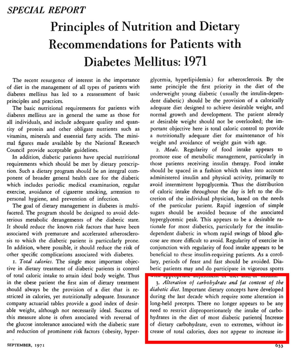 AKoutnik's tweet image. What happens when you propose dietary guidelines without evidence? You may spend 50 years giving sub-optimal advice...
Example: 1st American Diabetes Association Guidelines
1971: "There no longer appears to be any need to restrict...the intake of carbohydrates in the diet of…