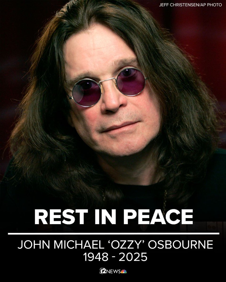 12News's tweet image. Black Sabbath frontman Ozzy Osbourne has died, according to multiple media reports. He was 76.
The legendary heavy metal singer's death comes just weeks after his farewell show in Birmingham, England. 12news.com/article/news/n…