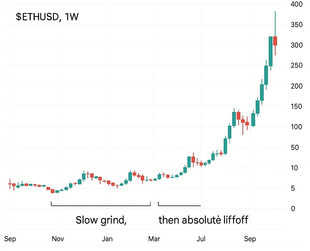 Eth current move looks closely familiar 

during 2016–2017 $Eth has the same slow grind, small push, long pauses until suddenly it rewrote the cycle

Months of quiet conviction before ICO mania kicked in.

And now I’m seeing a familiar structure forming this cycle on some majors.