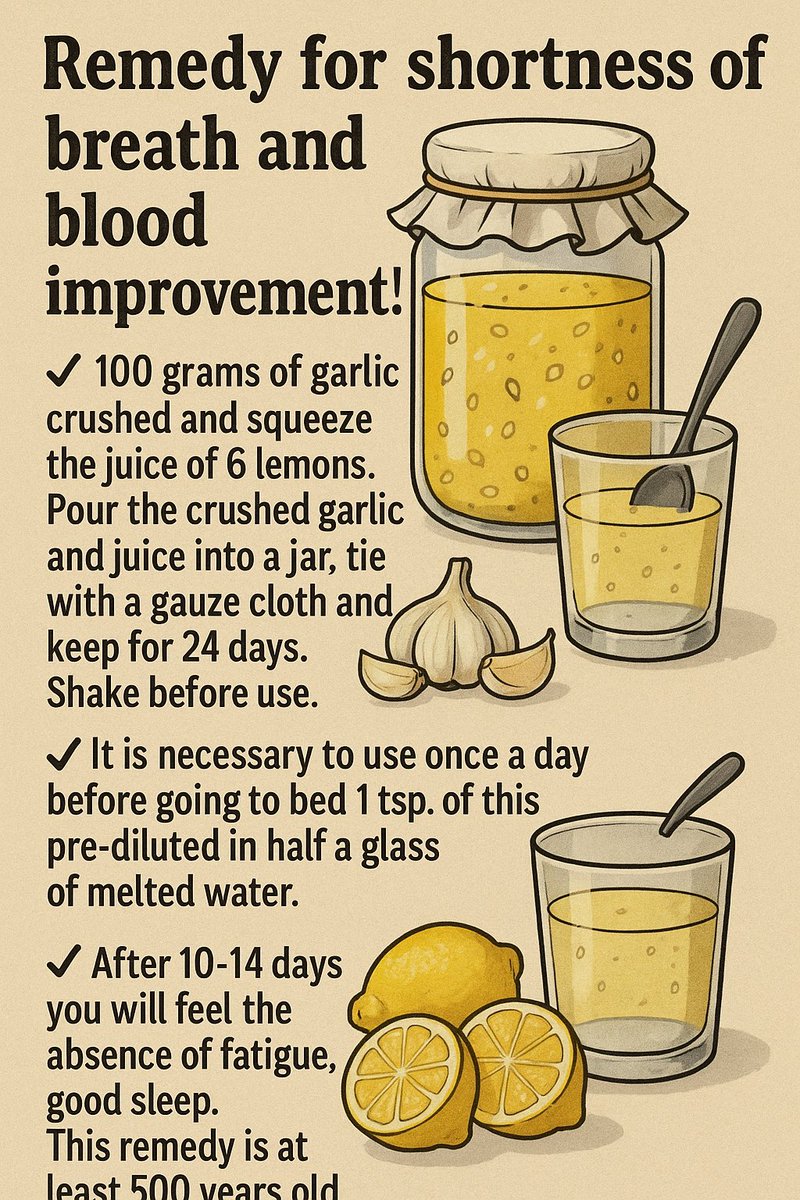 DrSebiSeaMoss's tweet image. ⚡️ Remedy for shortness of breath and blood improvement!
✔️ 100 grams of garlic crushed and squeeze the juice of 6 lemons. Pour the crushed garlic and juice into a jar, tie with a gauze cloth and keep for 24 days. Shake before use.
✔️ It is necessary to use once a day before…