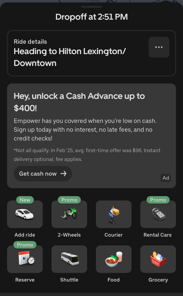 minarchis1's tweet image. Uber is advertising cash advances now apparently.