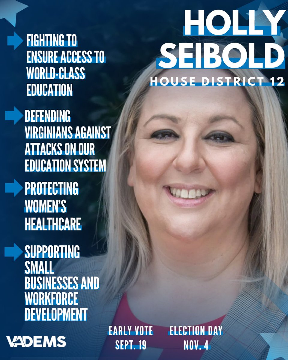vademocrats's tweet image. .@HollySeiboldVA is a champion for HD-12, fighting to create a Virginia where everyone has the opportunity to succeed. Let's re-elect her this November! Early voting begins on September 19 🗳️