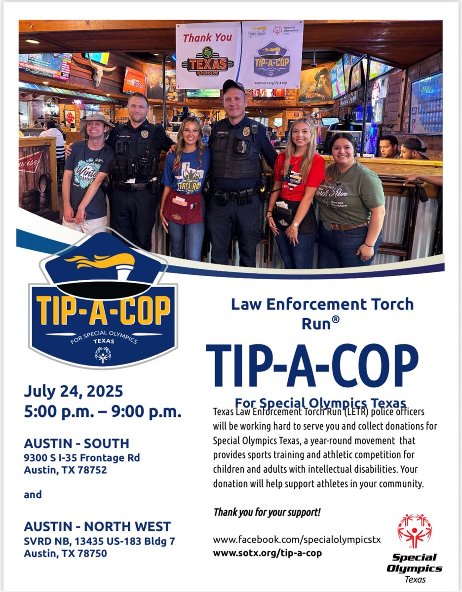 Austin_Police's tweet image. From badges to aprons! Watch your local officers serve tables to support a great cause. Join us for Tip-A-Cop this Thursday, July 24, 2025, to support @SOTexas athletes!
