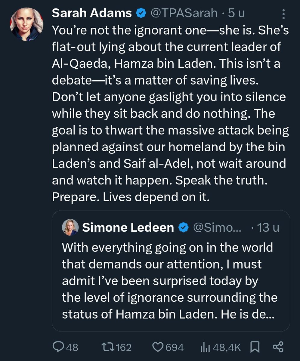ZafaraniRebel's tweet image. Sarah is now fully unhinged accusing people of complicity in terrorism for not buying her fairy tale about Hamza bin Laden being alive and plotting 9/11 part two. No proof, no intel, just hysteria and projection. When grifters lose grip, they scream “mass casualty plot.”