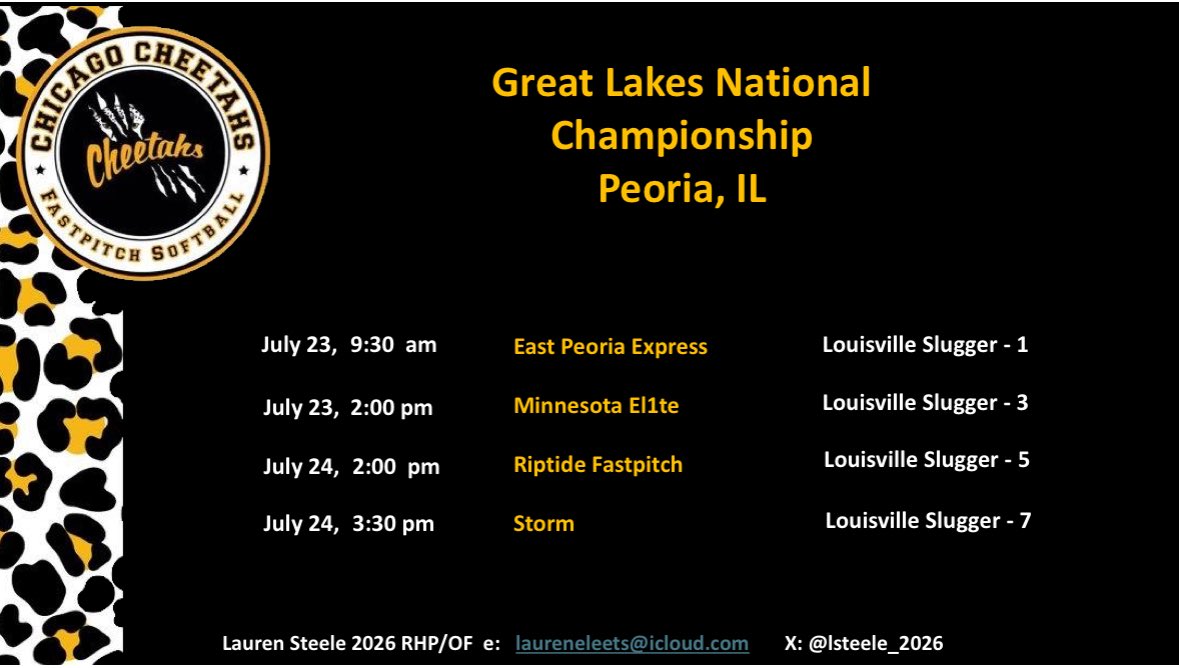 Bracket play got rained out on Sunday but looking forward to our last tournament this weekend! Let’s go!! 🐆🥎

<a href="/CheetahsD16U/">ChicagoCheetahsDonnelly</a> <a href="/BoDomeBville/">Bo Dome Bensenville</a> <a href="/TuftsSoftball/">Tufts Softball</a> <a href="/CoachEbs/">Lauren Ebstein</a> <a href="/EmorySoftball/">Emory Softball</a> <a href="/Coach_India_C/">Coach India (Chiles) / SlapperNation</a> <a href="/Coach_KatieG/">Katie Griffith</a> <a href="/HoyaSoftball/">Georgetown Softball</a> <a href="/FordhamSoftball/">Fordham Softball</a> <a href="/CoachInouye/">Melissa Inouye</a> <a href="/IlliniSB/">Illinois Softball</a> <a href="/TyraPerry13/">Tyra Perry</a>