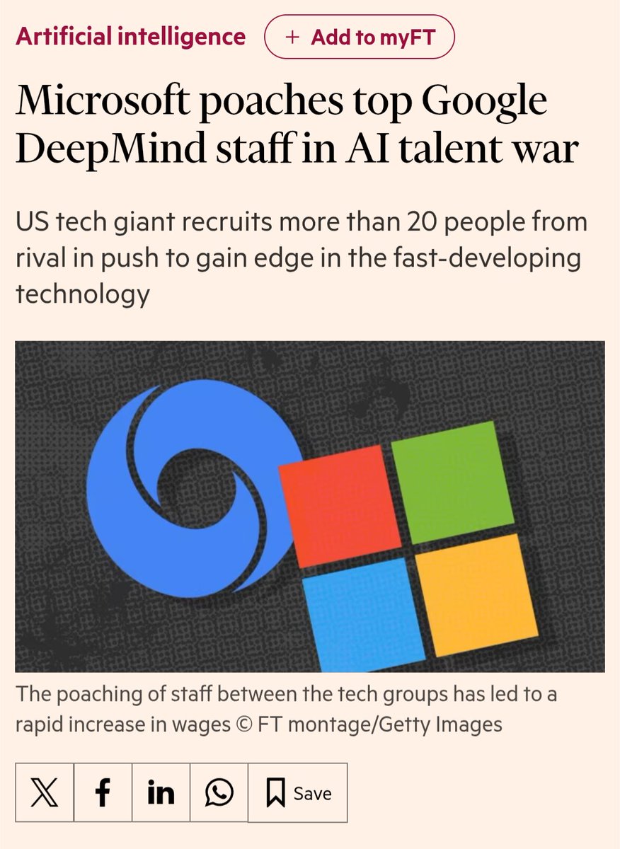 startupprojectt's tweet image. AI Talent War Update: Microsoft poaches 20 people from Google's DeepMind research division.