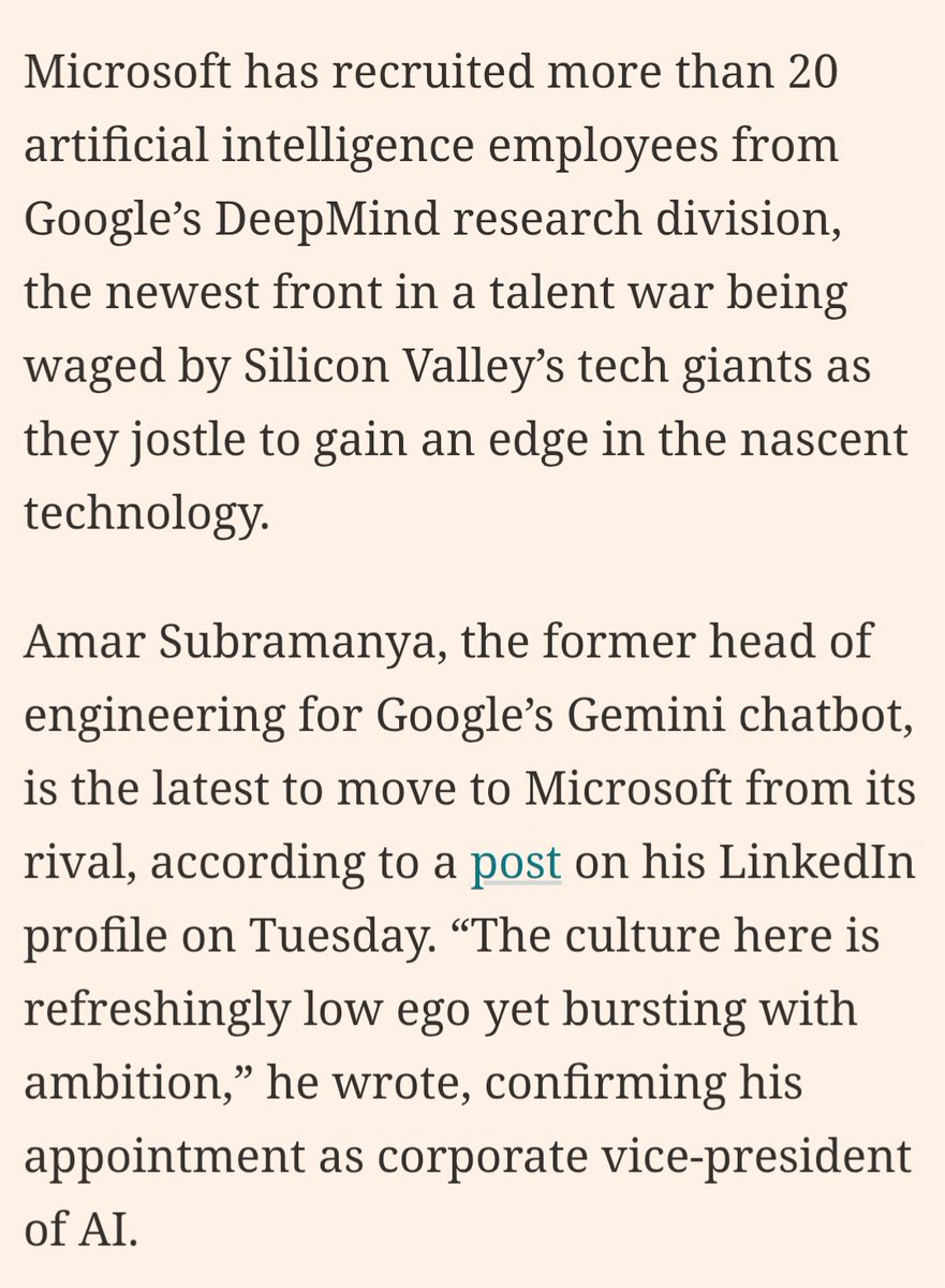 startupprojectt's tweet image. AI Talent War Update: Microsoft poaches 20 people from Google's DeepMind research division.