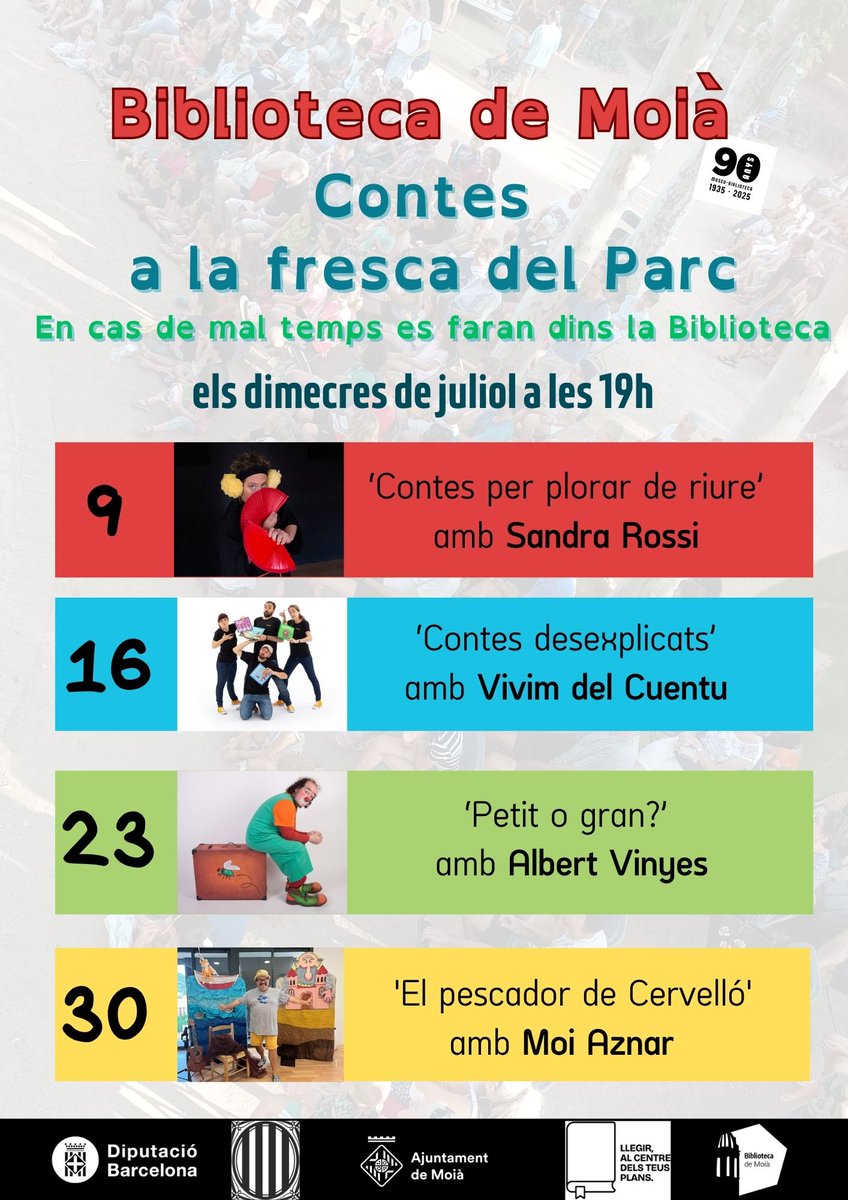 Contes a la fresca: ‘Petit o gran?’ amb el pallasso Albert Vinyes
🗓️Dimecres 23/07
🕖A les 19
📌Al Parc, al costat de #BiblioMoià90
⚠️Si fa mal temps ☔ la sessió es farà a l'interior de la biblioteca.
Us hi esperem!
#contesalafresca