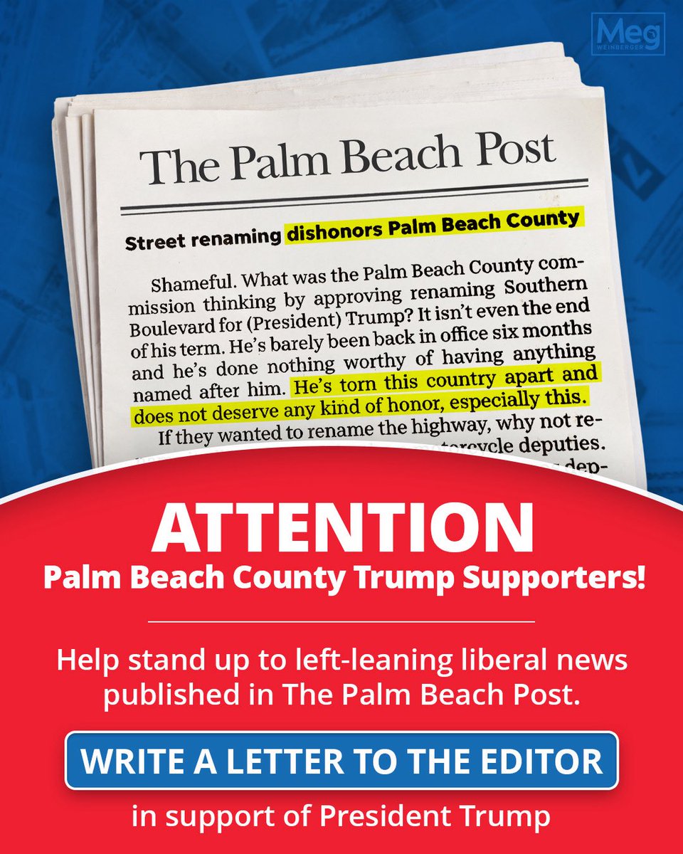 megforflorida's tweet image. They tried to silence him. They tried to destroy his business, his family, his friends — even throw him in jail. But President Donald J. Trump never stopped fighting for us.
That’s why I fully support naming a street in Palm Beach County President Donald J. Trump Blvd.
I’m also…