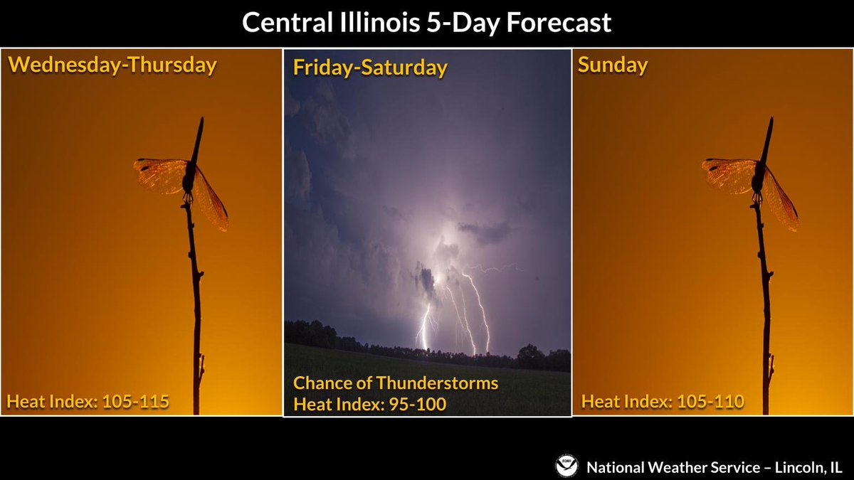 NWSLincolnIL's tweet image. Hot and humid weather will prevail for the next several days. The highest heat index readings of 105-115 will occur Wednesday and Thursday, followed by a chance of thunderstorms by Friday and Saturday. #ilwx